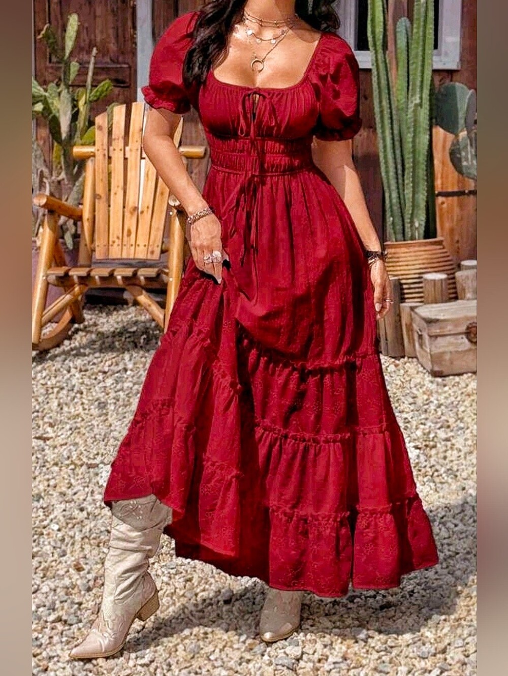 New Boho Embroidered Eyelet Lace Ruched Tie Top Tiered Ruffle Maxi Dress Red